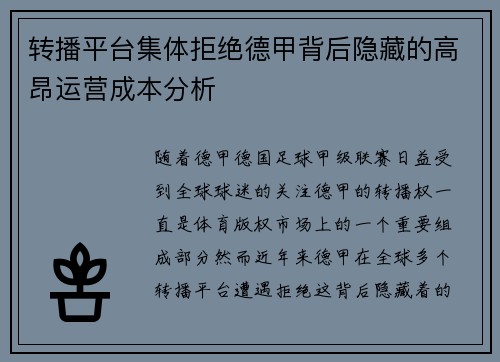 转播平台集体拒绝德甲背后隐藏的高昂运营成本分析